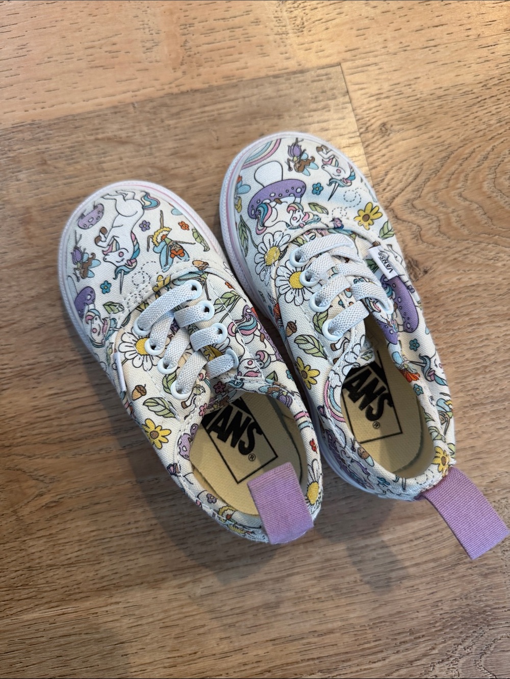 Vans Kids White Canvas Sneakers with Purple, Yellow & Green Floral Unicorn Print
